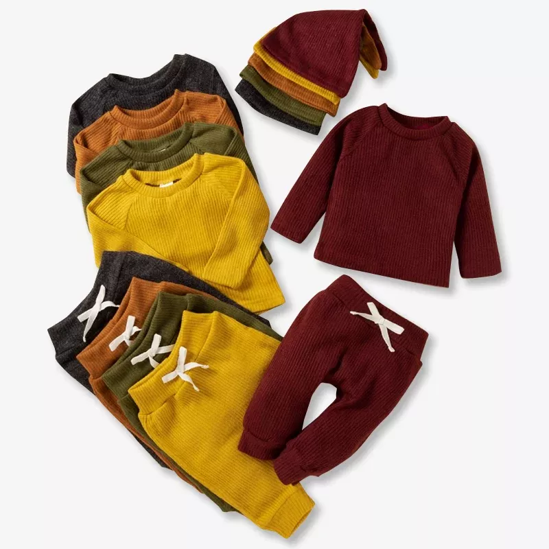 Baby BoyGirl 3pcs Solid Ribbed Long-sleeve and Trouser Set