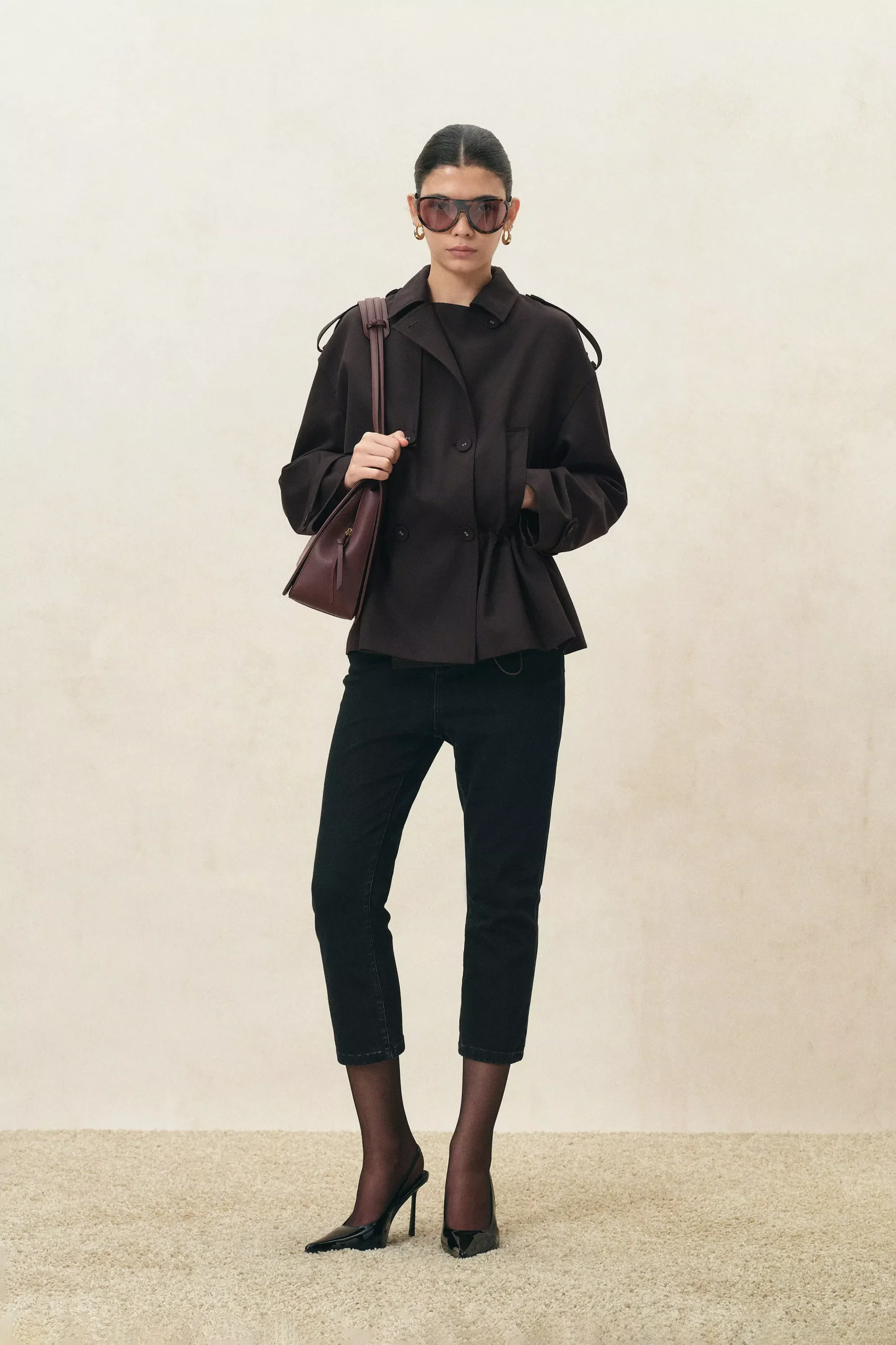 Basil Drawstring Waist Double Breasted Short Trench Coat