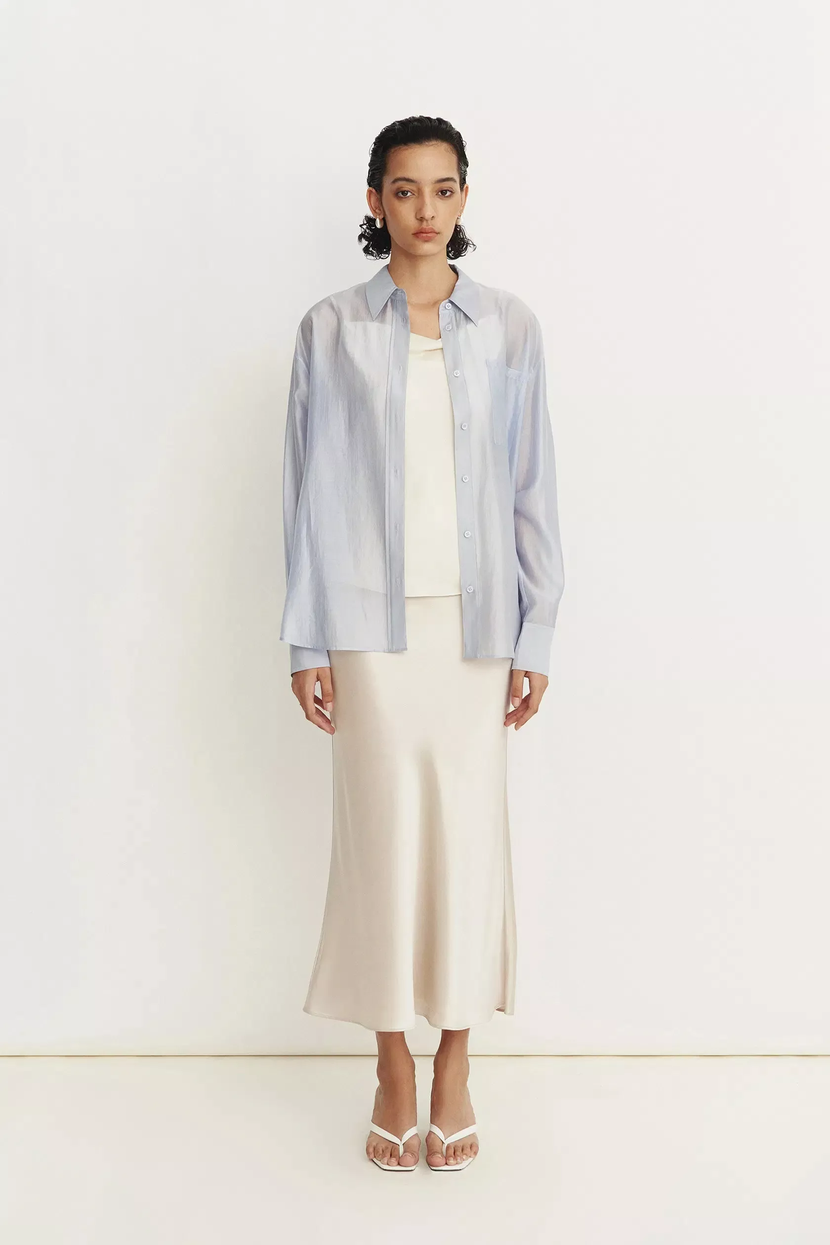 Bella Blue Sheer Button-Up Shirt in Lyocell Blend