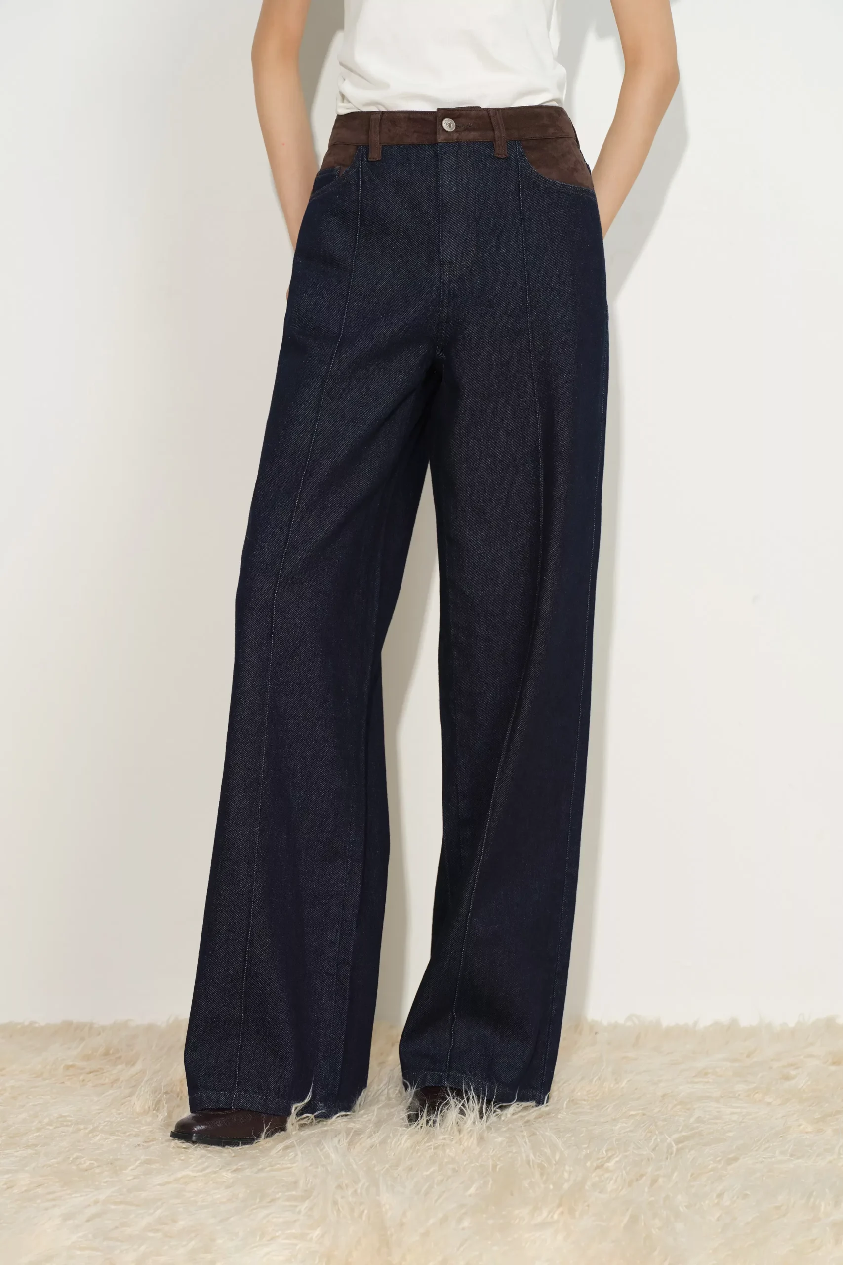 Bella Suede Panel Wide Leg Jeans in Cotton Denim