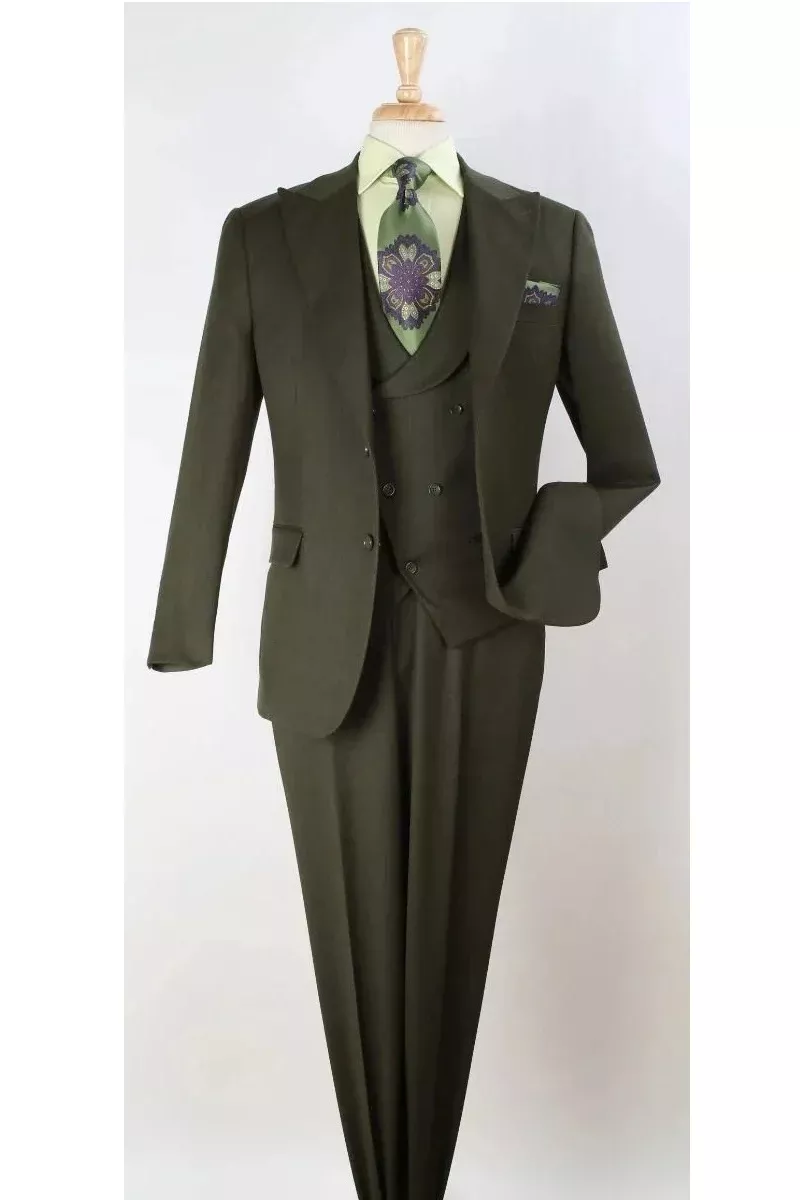 Big and Tall Business Suits - Suits For Big Man - Large Men's Solid Olive Vested Suits