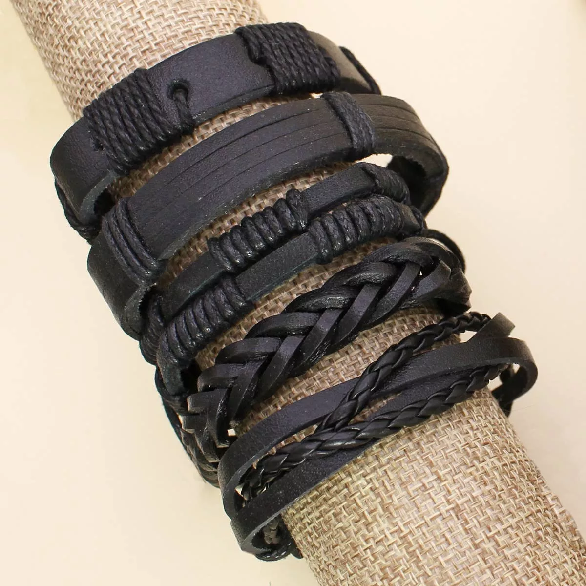 Black Leather Braided Unisex Bracelet Set