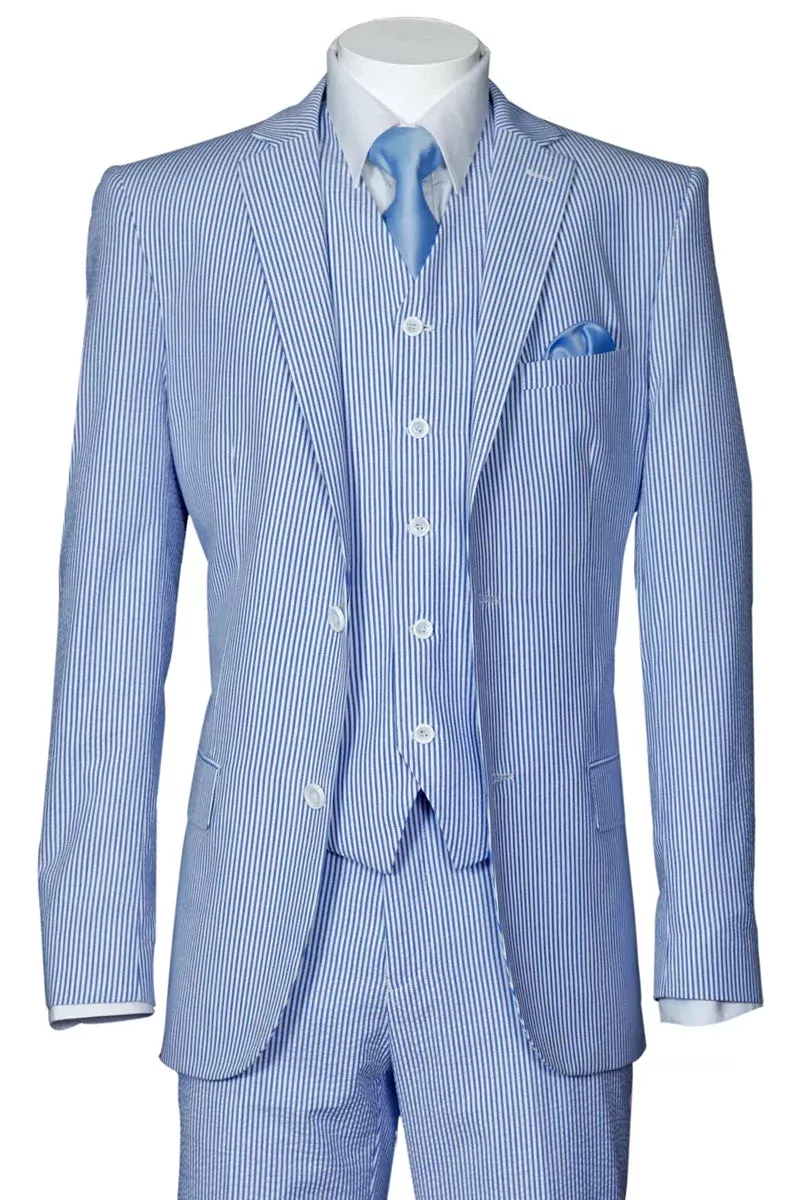 "Blue Seersucker Suit for Men - 2 Button Jacket + Pants Summer Style"