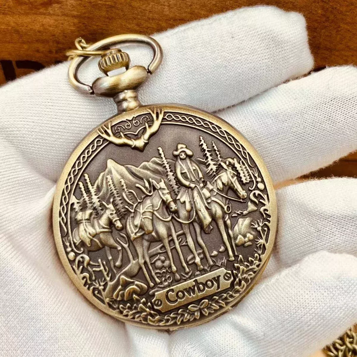 Bronze Cowboy Display Necklace Quartz Pocket Watch