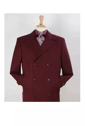 "Burgundy Men's Double Breasted Wool Gaberdine Overcoat"