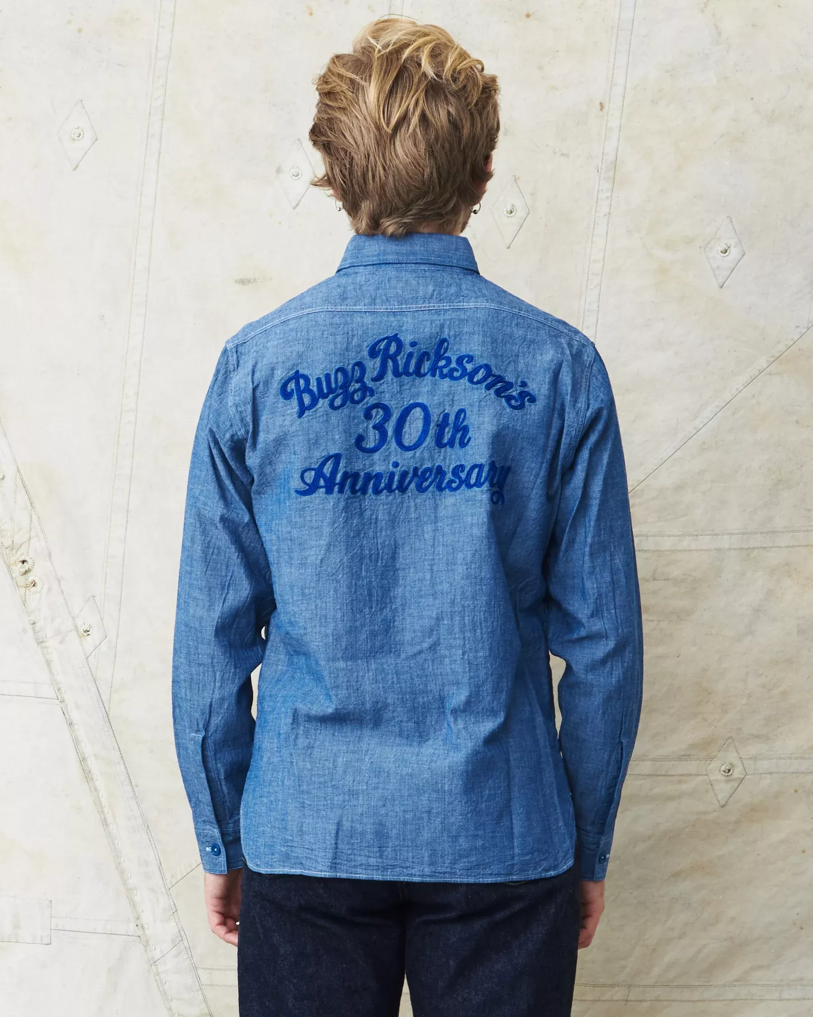 Buzz Rickson's Blue Chambray Work Shirt Blue 30th Anniversary With Embroidery BR29184