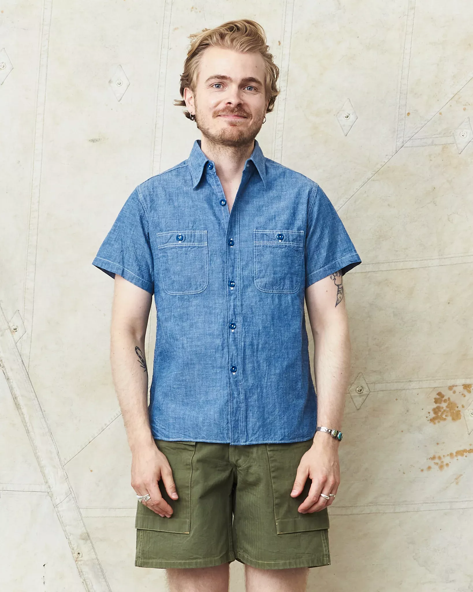Buzz Rickson's USN Short Sleeve Chambray Shirt Blue BR35856