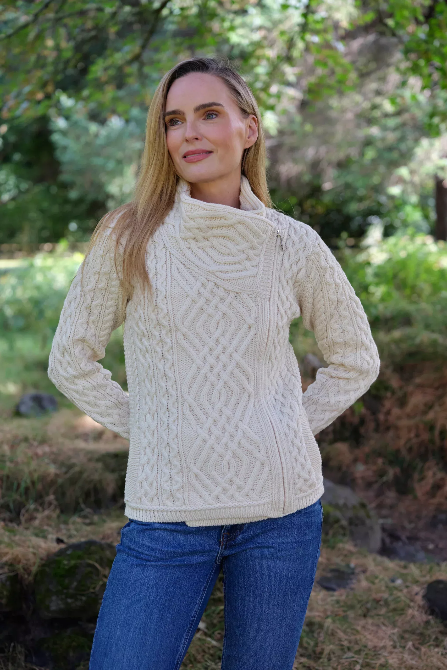 Cable Knit Side Zip Cardigan Natural
