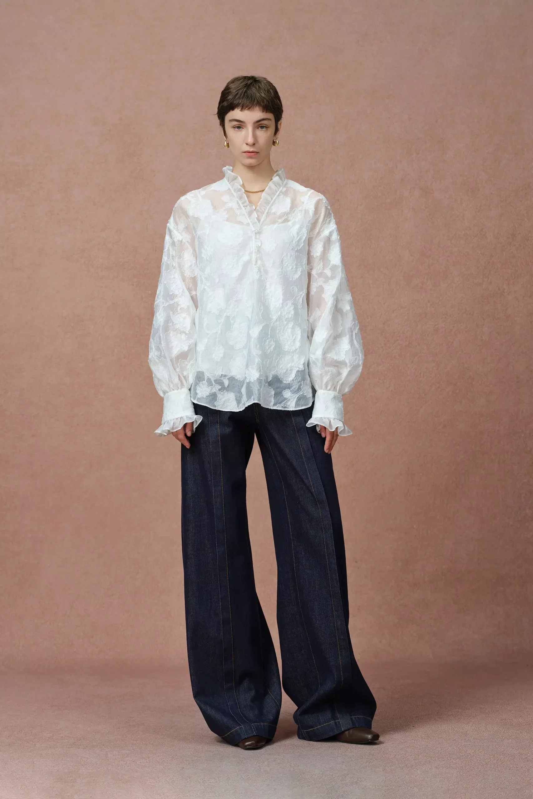Cecilia Ruffle V Neck Blouse in Burnout chiffon