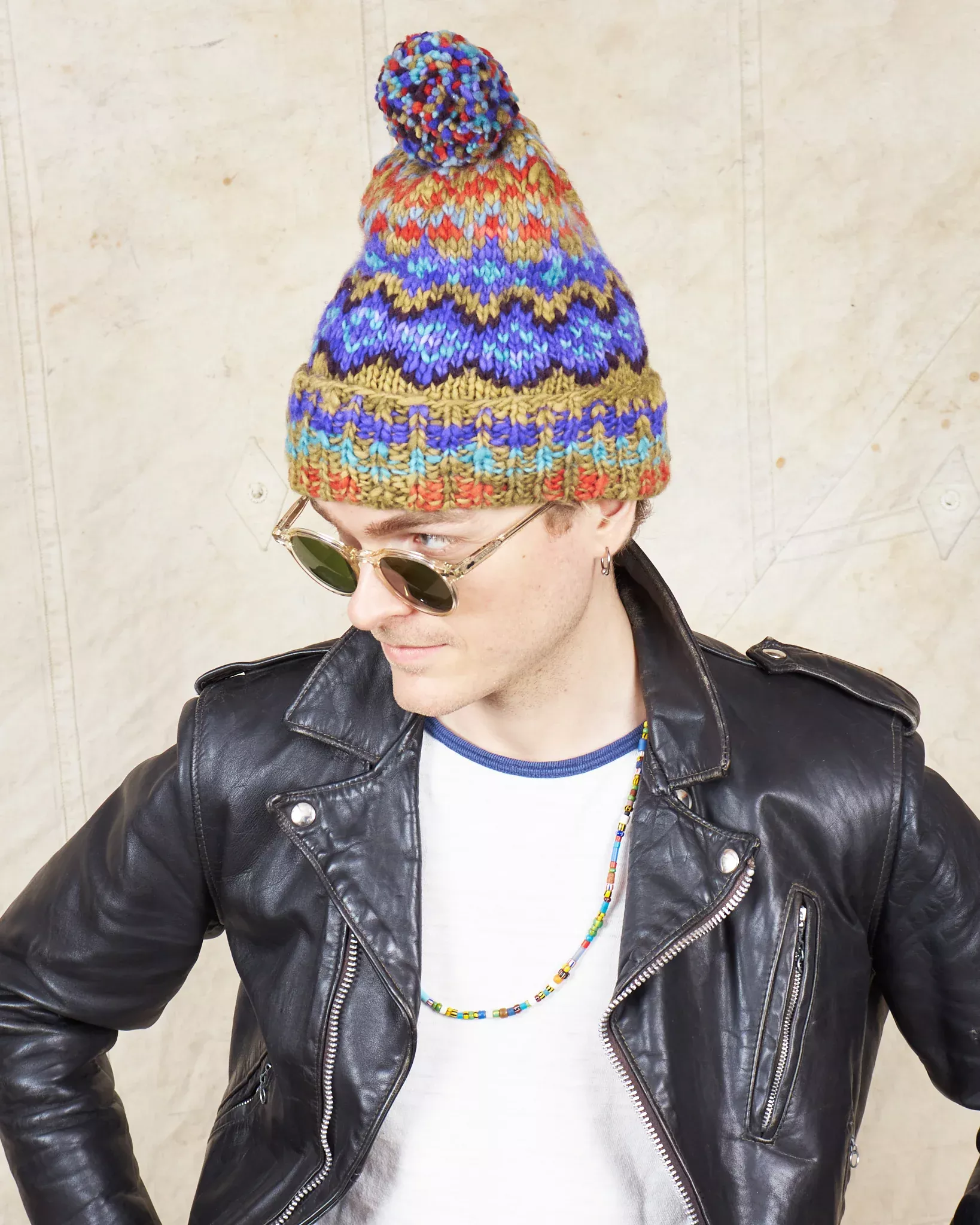 Chamula Double Cuff Wool Cap Fair Isle #8 Dk. Alfalfa