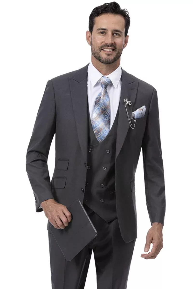 "Charcoal Grey Vested Suit - EJ Samuel Modern 2-Button w/ Peak Lapel & Double-Breasted Vest"