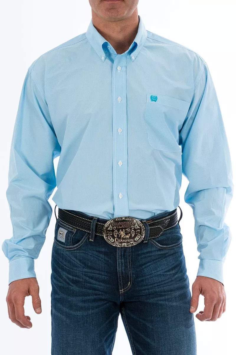 CINCH MENS LIGHT BLUE MICRO STRIPE BUTTON-DOWN WESTERN SHIRT STYLE MTW1104732