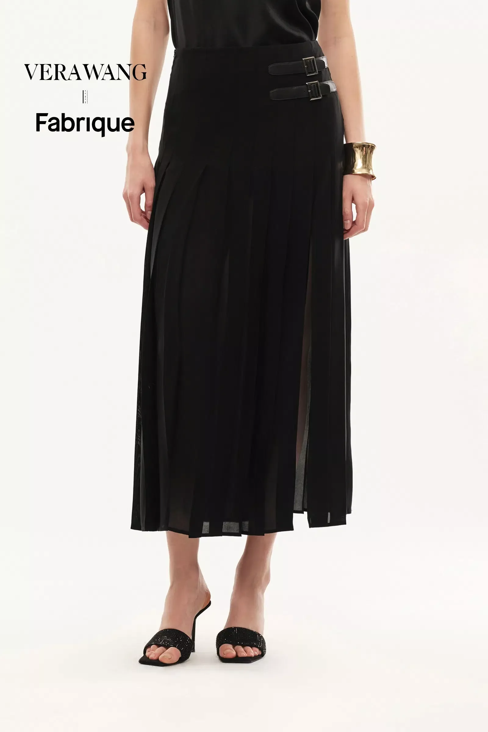 Citadel Leather Tabs Side-Slit Pleated Skirt in Acetate