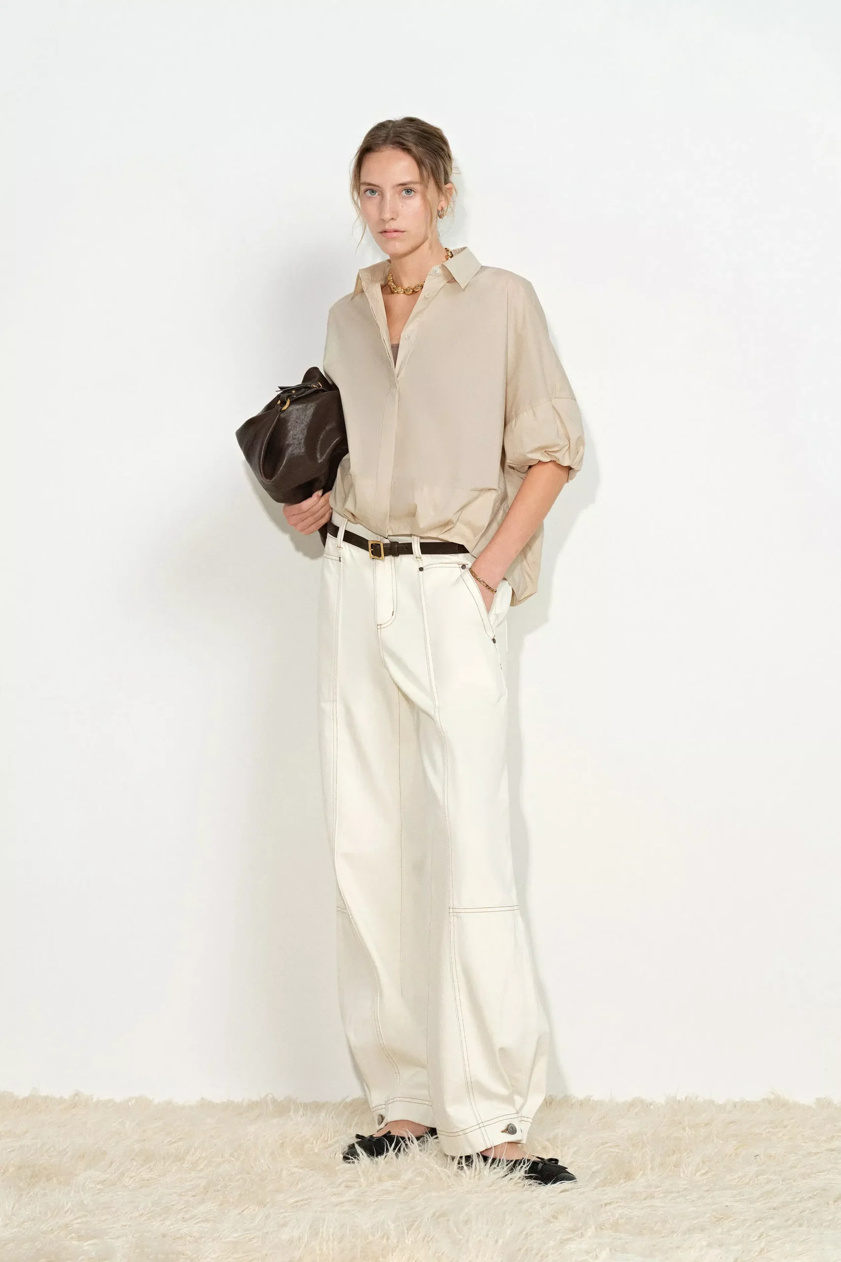 Claire Khaki Bubble Puff Sleeve Shirt