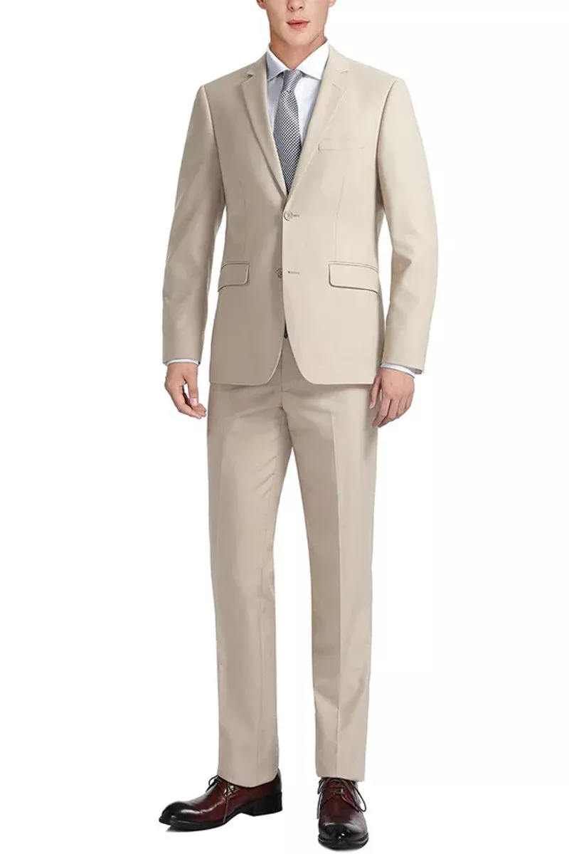 "Classic Fit Two Button Men's Suit with Vest in Light Tan Beige"