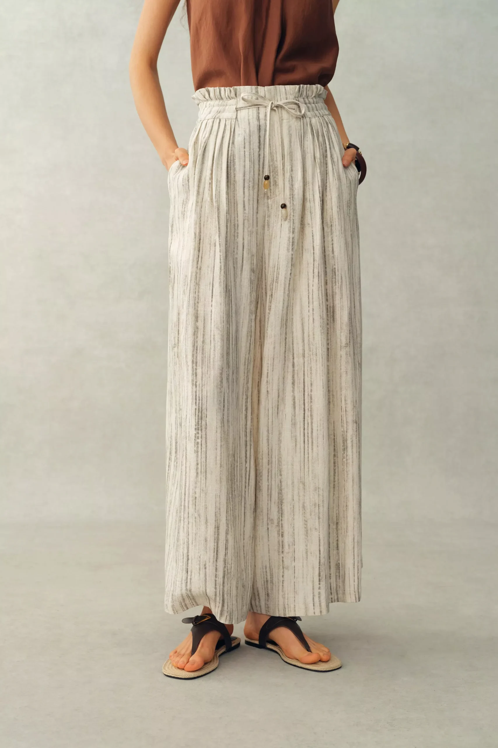 Cleo Drawstring Casual Striped Culottes in Linen