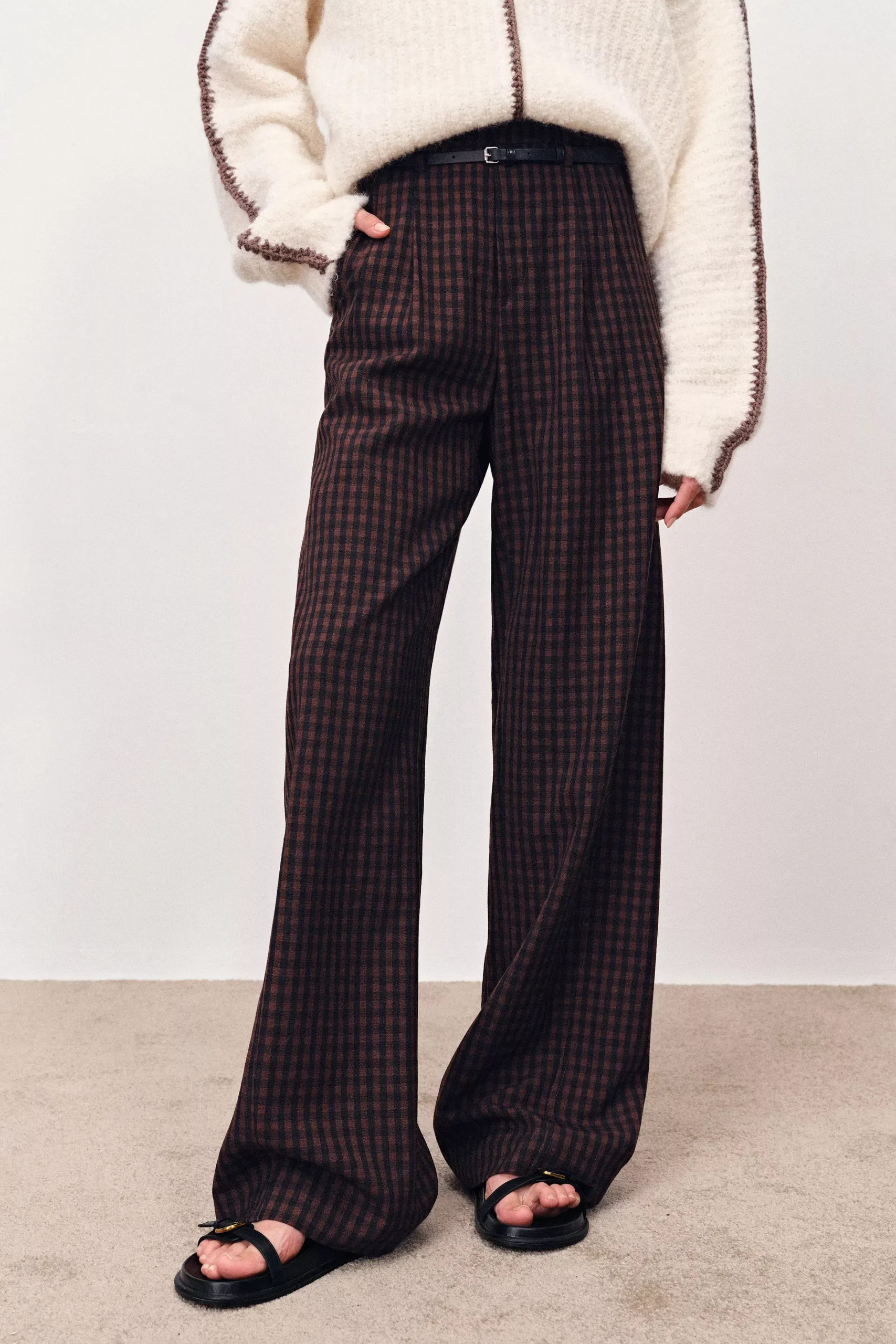 Coco Checkered Wide Leg Trousers in Merino Wool