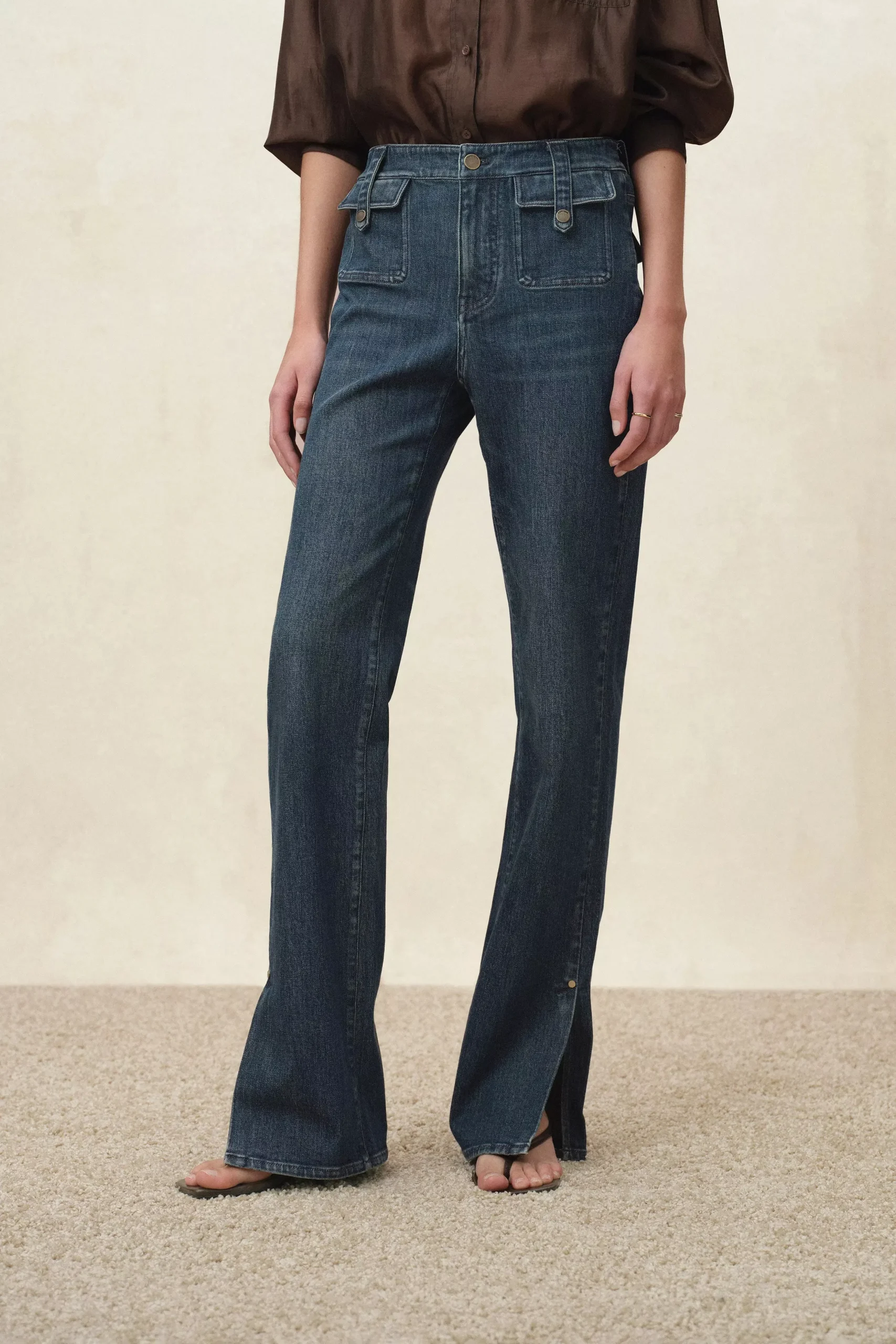 Coco Slit Hem Flared Jeans in Cotton Denim