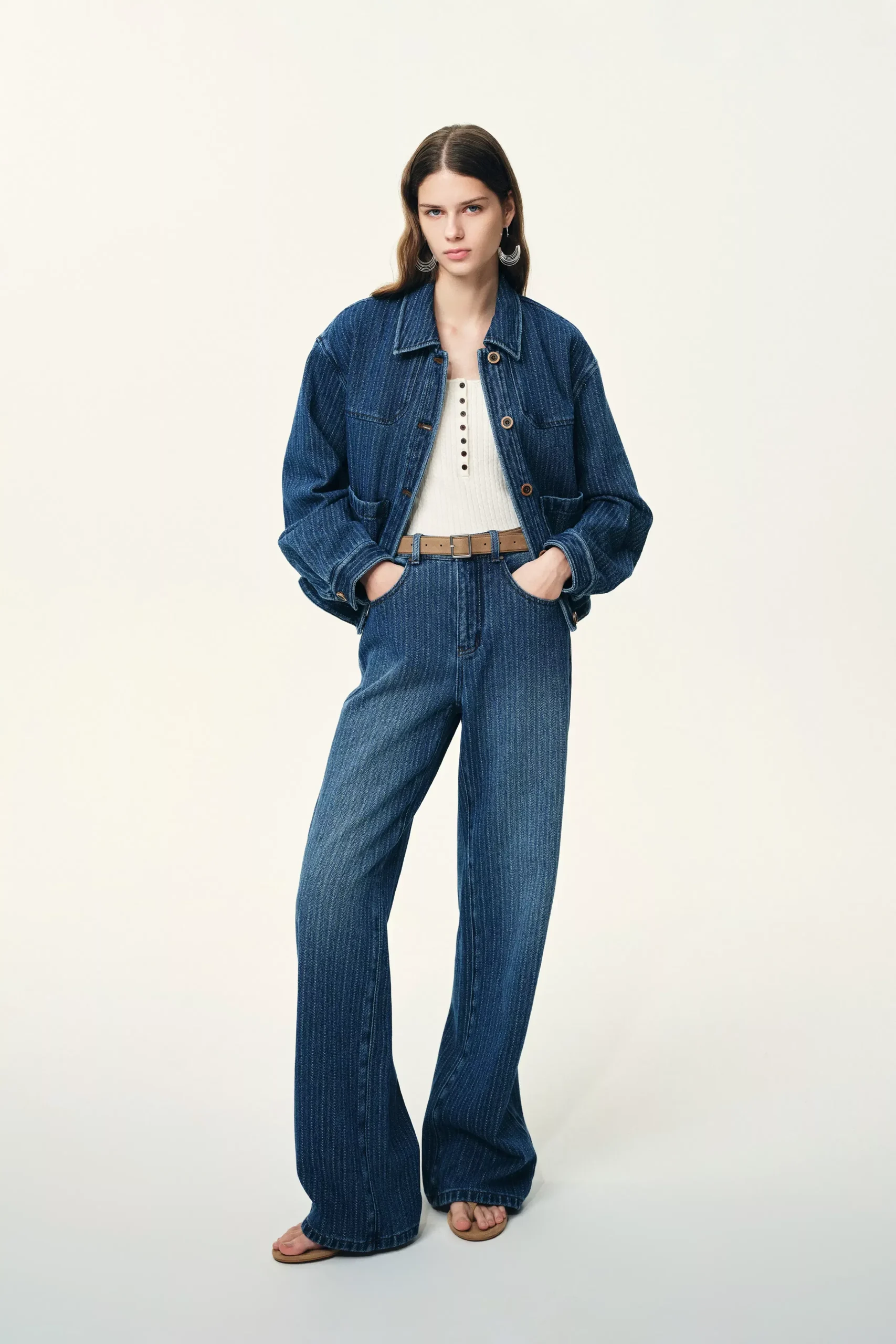 Colette Striped Washed Blue Patch Pocket Jacket and Jeans Matching Set in Herringbone Denim