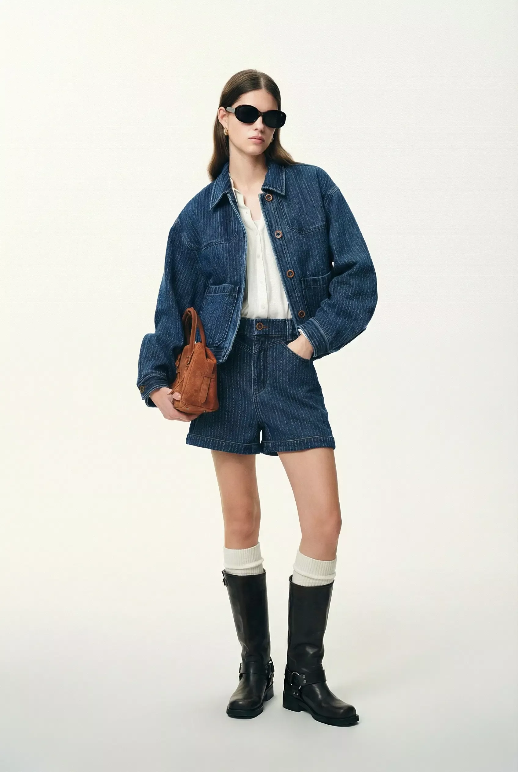 Colette Striped Washed Blue Patch Pocket Jacket and Shorts in Herringbone Denim