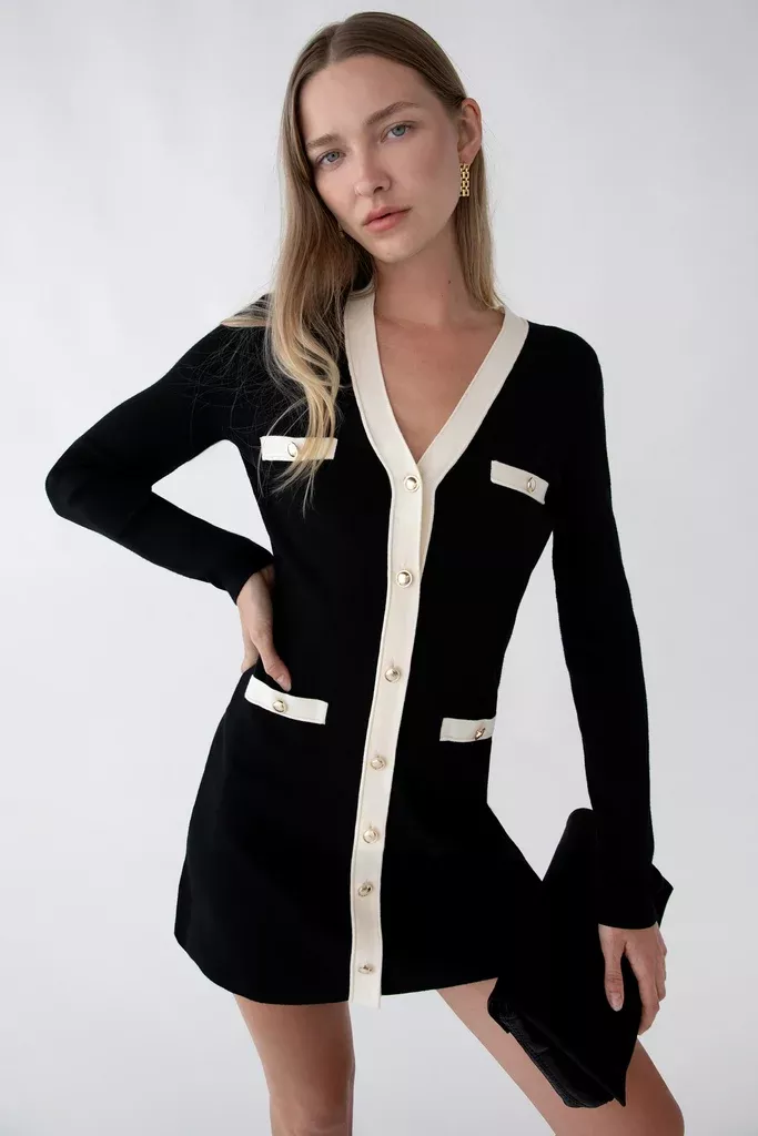 CONTRAST TRIM BUTTON FRONT KNIT MINI DRESS