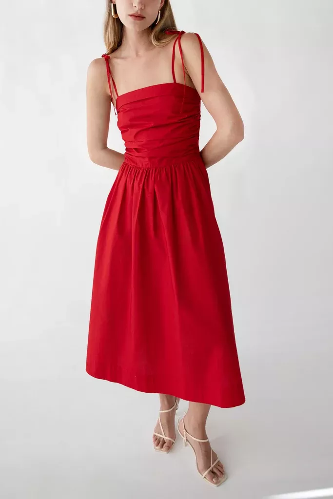 COTTON POPLIN SQUARE NECK MIDI DRESS