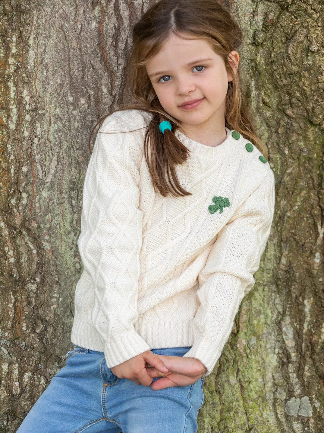 Cream Cable Knit Kids Sweater with Shamrock