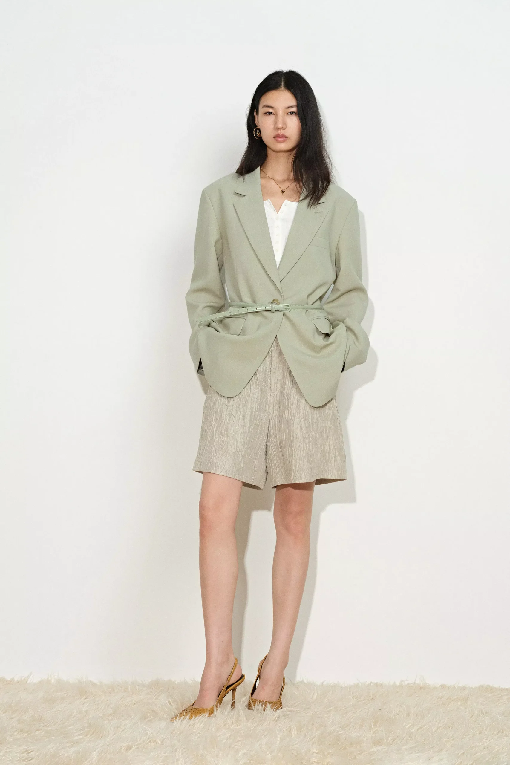 Creamy Green Detachable Belt Blazer