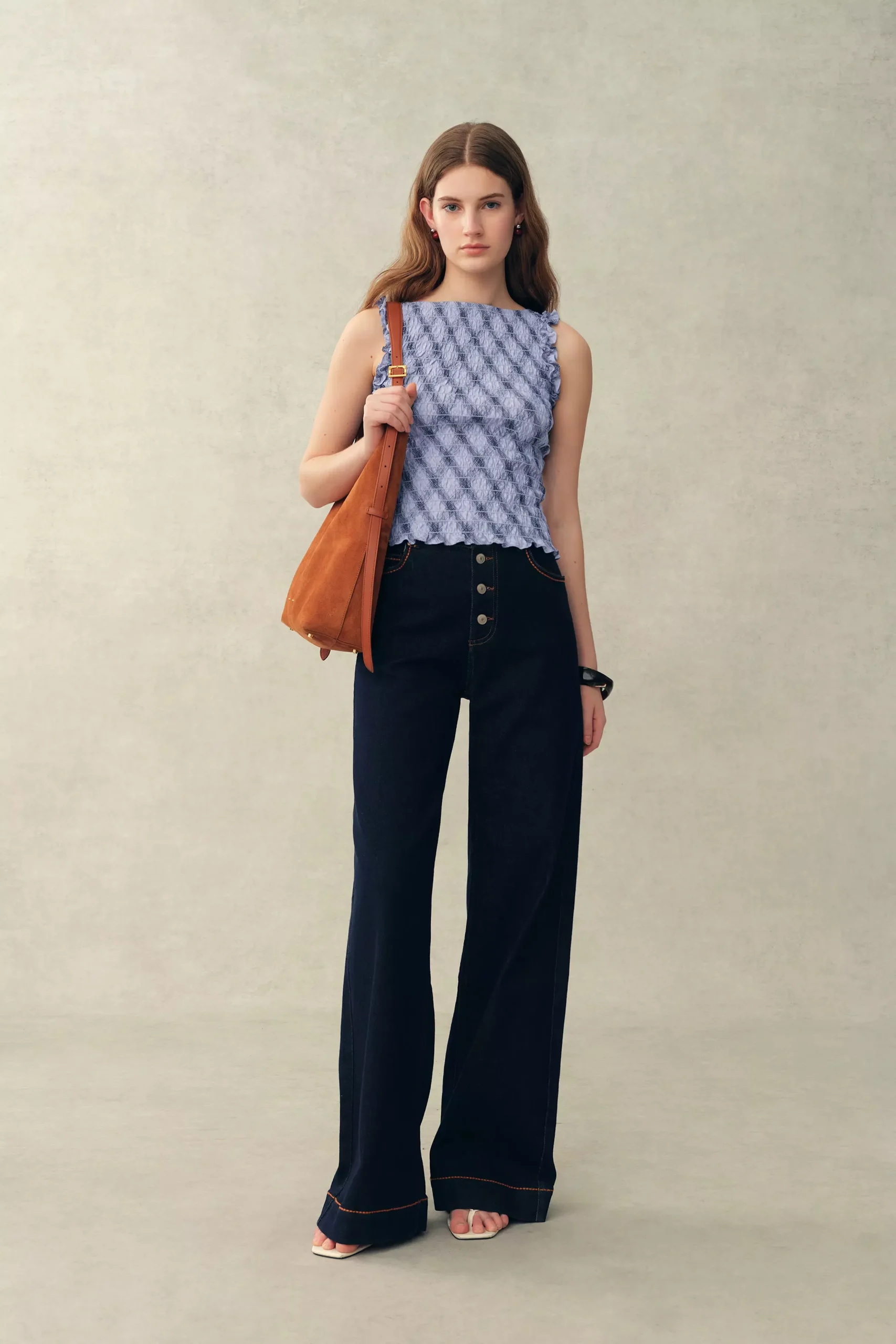 Crystal Handworked Sleeveless Plaid Top in Stretch Bubble Cotton