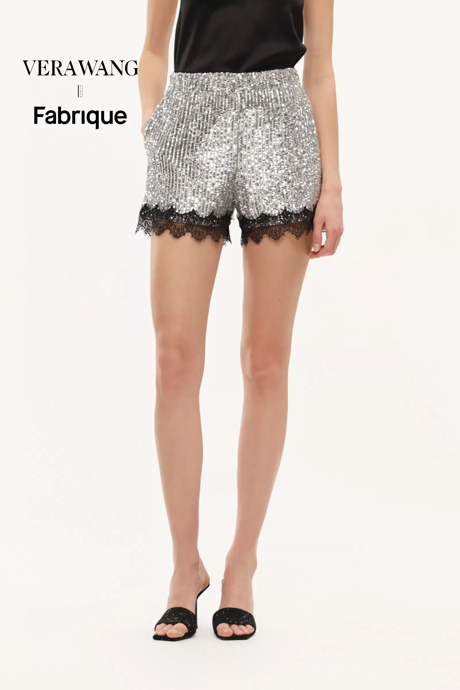 Crystalline Silver Sequin Lace Trim Shorts in Sequin Mesh