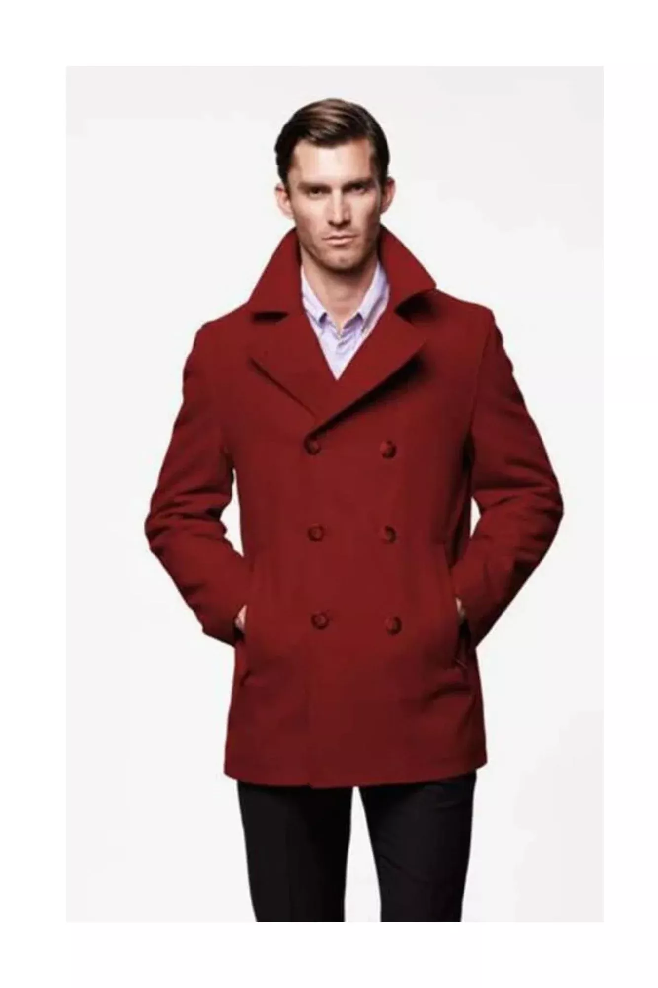 Dark Red Designer men's Wool Peacoat