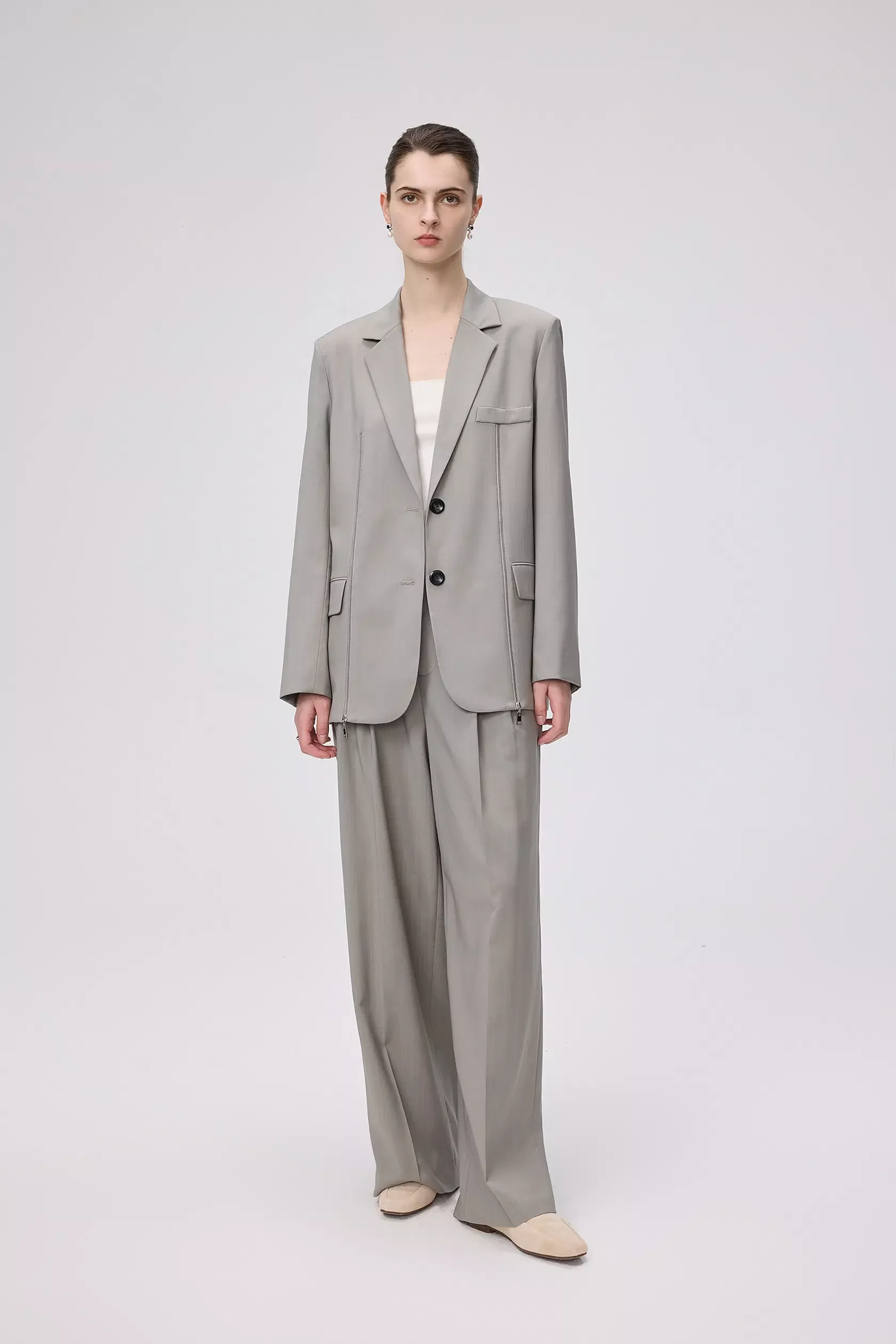 Dniester Duo Front Zip Oversized Blazer in Worsted Wool Blend