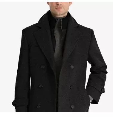 Double-Breasted Wool-Blend Peacoat with Knit Bib Inset black overcoat