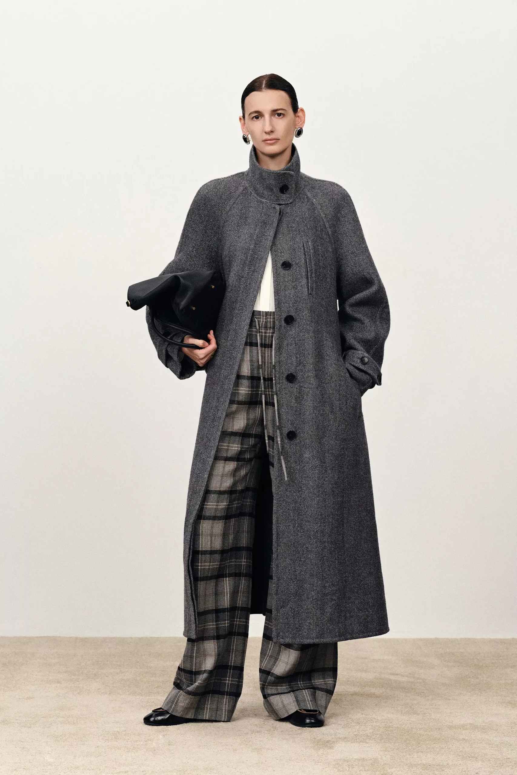 Edwina Grey Long Herringbone Coat in Lightweight Merino Wool
