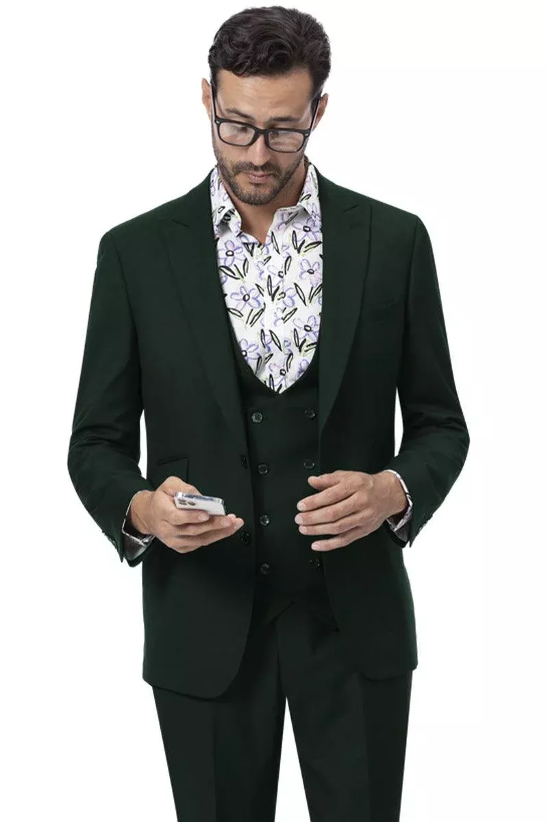 EJ Samuel Hunter Green 2-Button Suit w/ Peaked Lapel & Double Breasted Vest