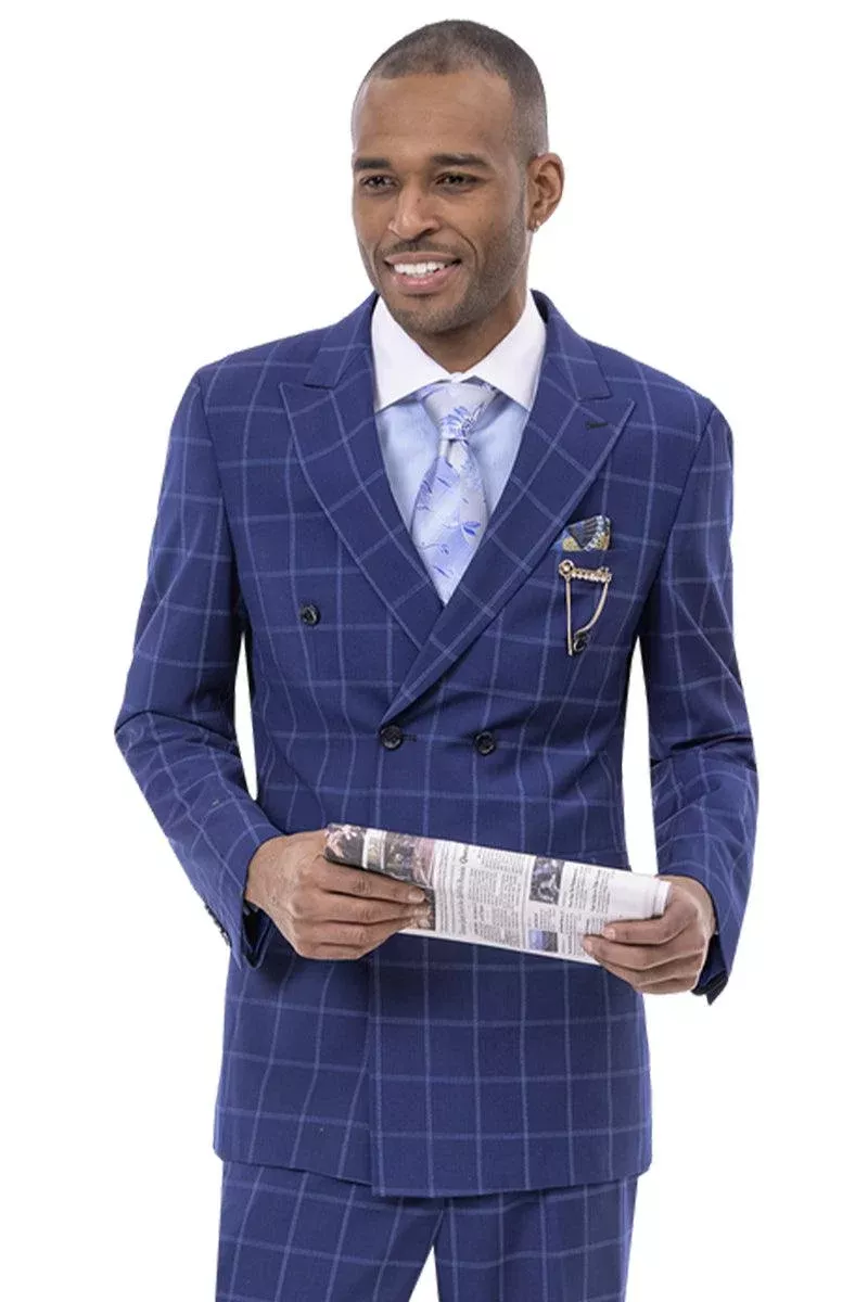 EJ Samuel Men's Classic Navy Windowpane Double Breasted Pleated Pant Suit