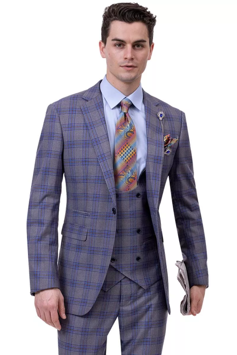 "EJ Samuel Men's Cue: Modern One-Button Vested Grey & Navy Suit"