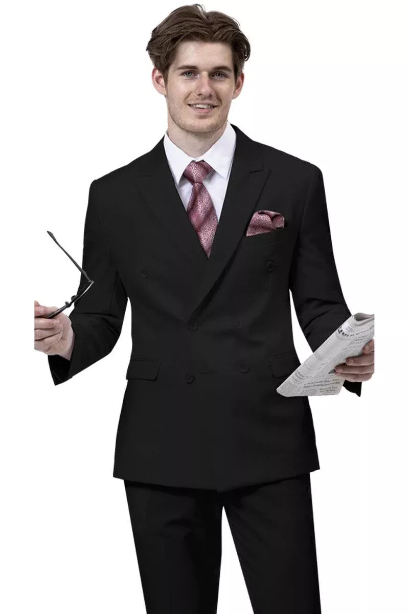 "EJ Samuel Men's Double Breasted Peak Lapel Suit - Refined, Modern-Cut Black"