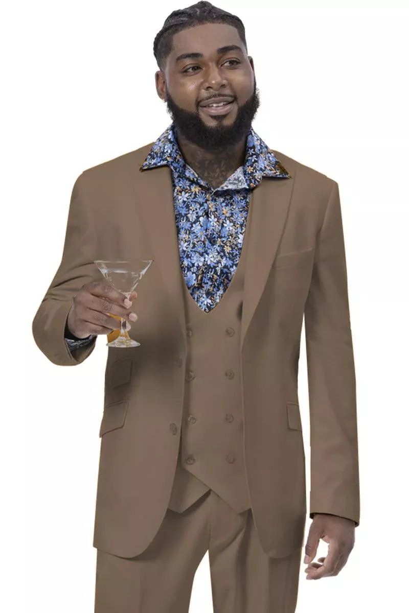 EJ Samuel Men's Modern 2-Btn Suit w/ Tan Peak Lapel & Doub. Vest
