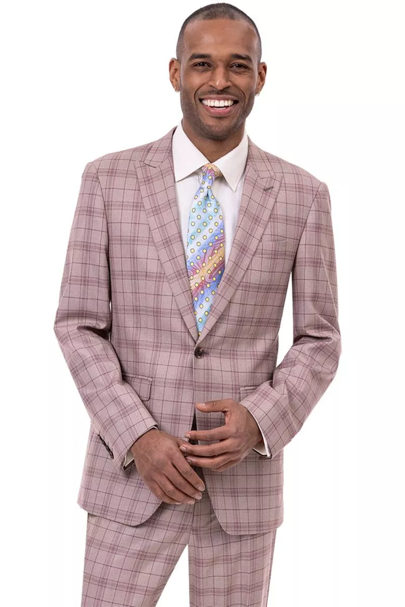 EJ Samuel Men's One-Button Peak Lapel Plaid Suit - Tan Windowpane