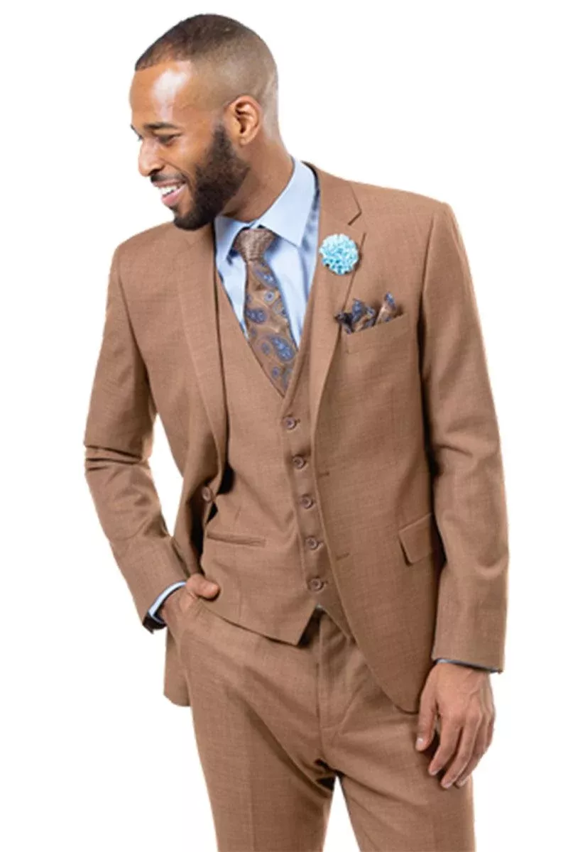 "EJ Samuel Rust Brown Sharkskin Weave Vested 2-Button Suit"