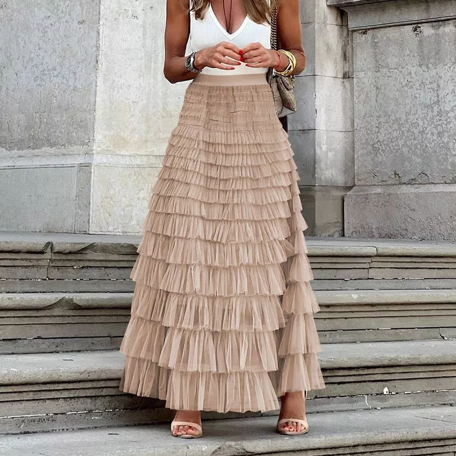 Elastic waist ruffle tulle maxi skirt
