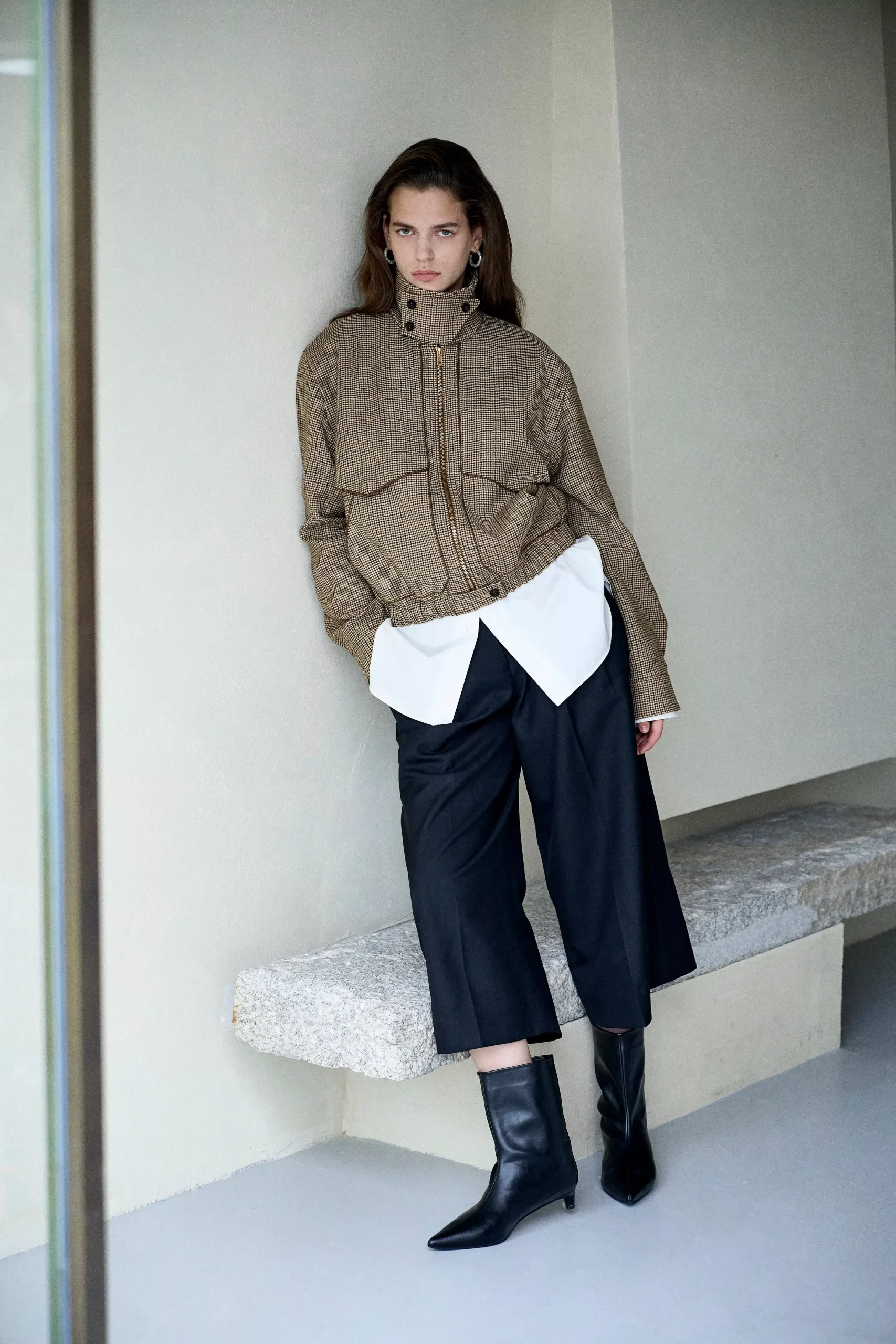 Elodie Houndstooth Bomber Jacket in Light Wool-Blend