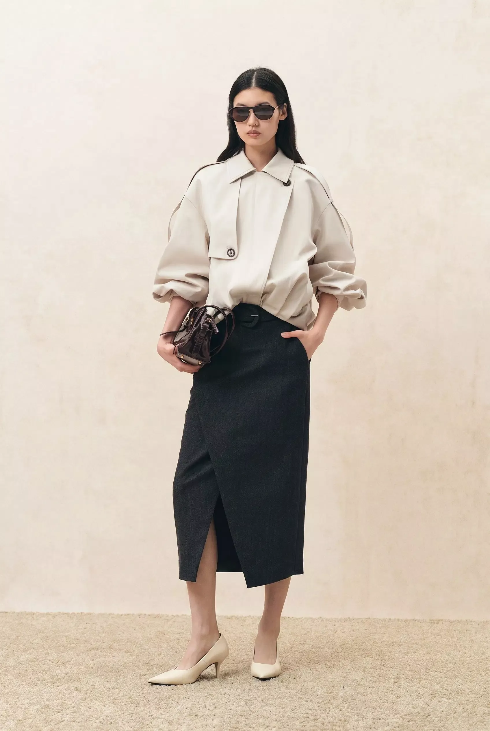 Enyo Ruched Hem Lightweight Jacket in Trench Fabric