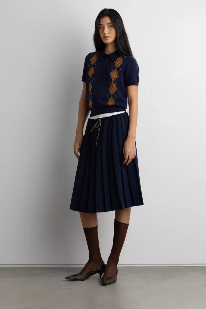 EXPOSED WAIST PLEATED MIDI SKIRT