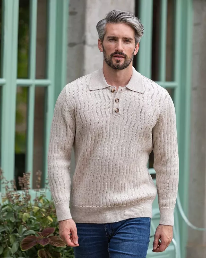 Extra Fine Merino Wool Button Neck Sweater - Beige