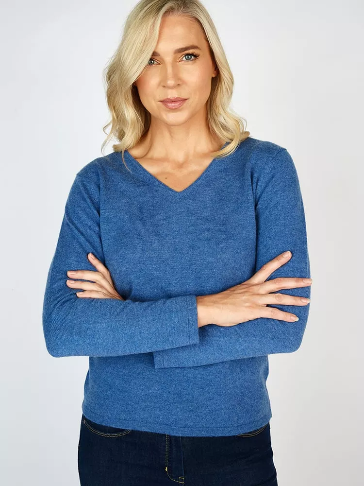 Extra Fine Merino Wool & Cashmere V Neck Sweater Denim