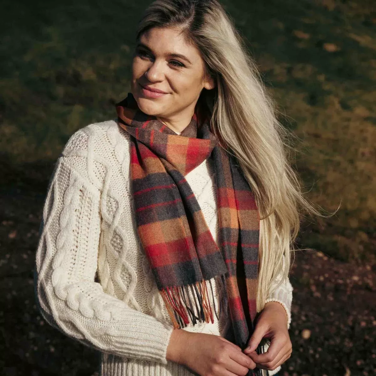Extra Fine Merino Wool Scarf Charcoal, Orange, Red Check