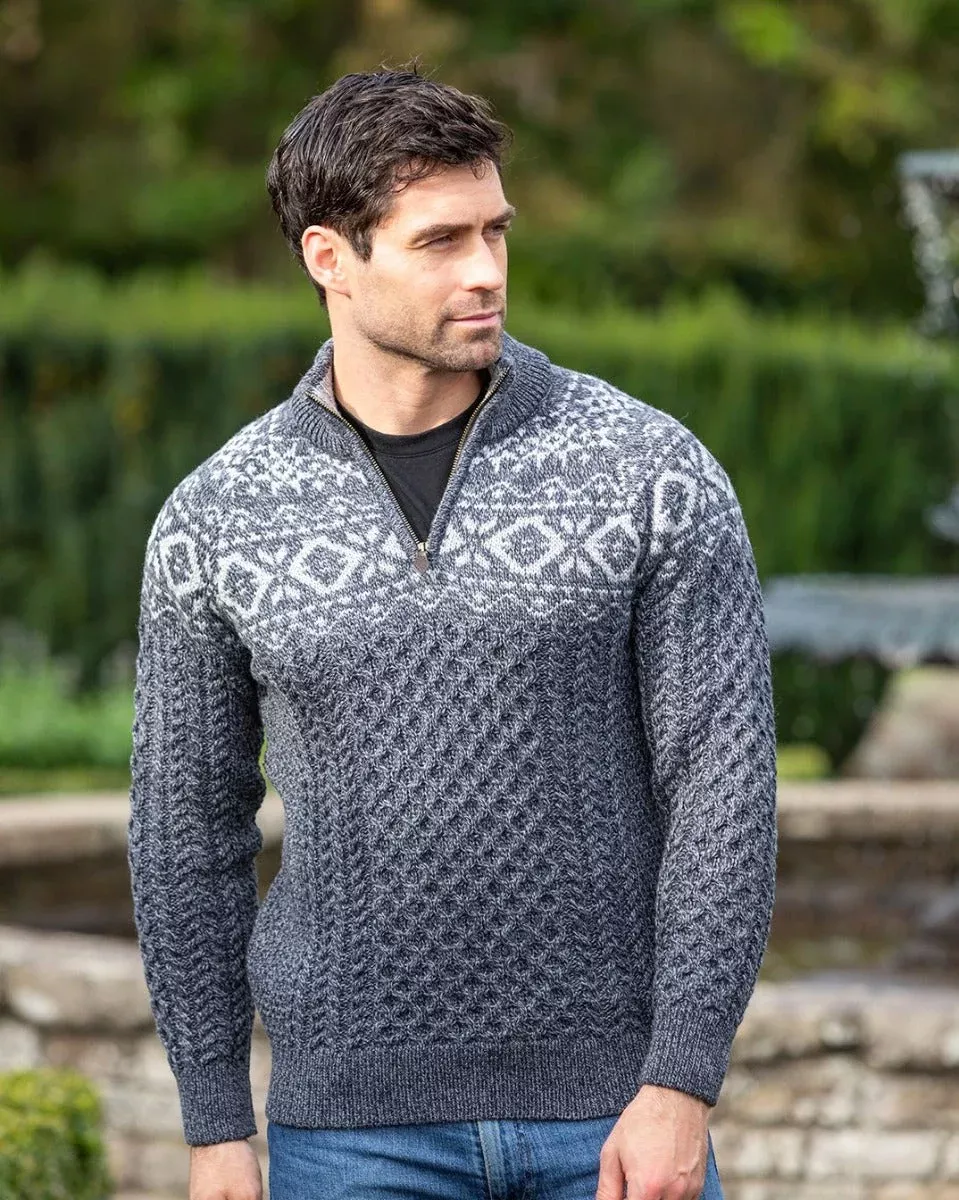 Fairisle Half Zip Sweater Slate - 100% Merino Wool