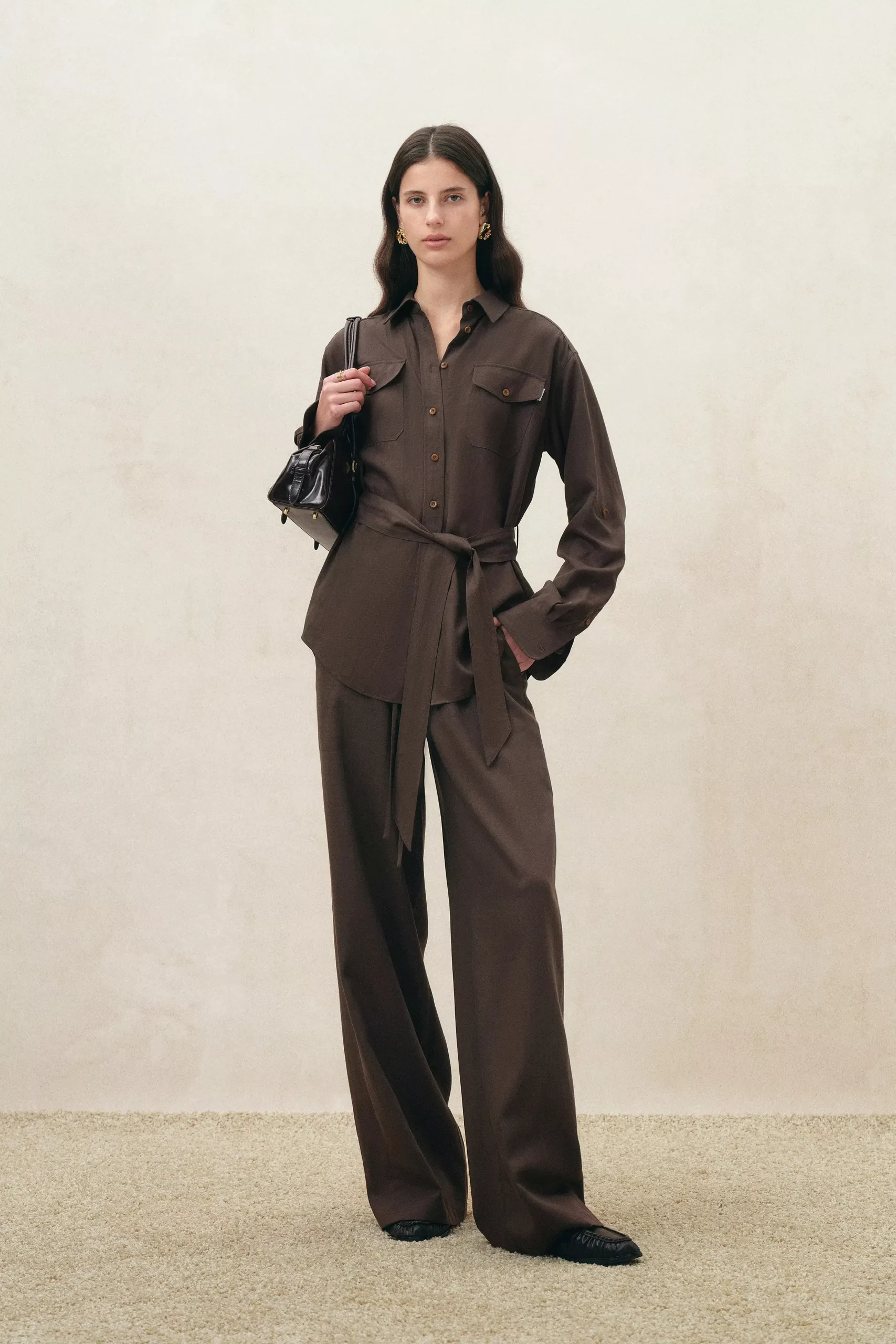 Faye Brown Belted Roll Tab Sleeves Safari Blouse